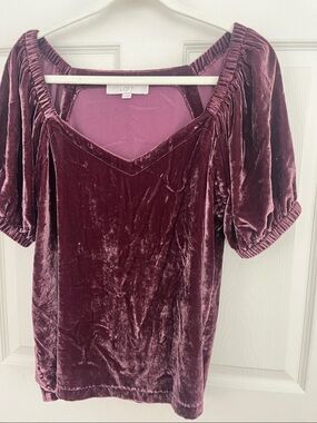 LOFT Crushed Velvet Puff-Sleeve Top in Plum